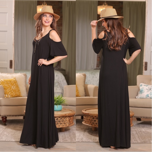 LAST ONE! Black Cold Shoulder Ruffle Maxi Dress - Picture 4 of 5
